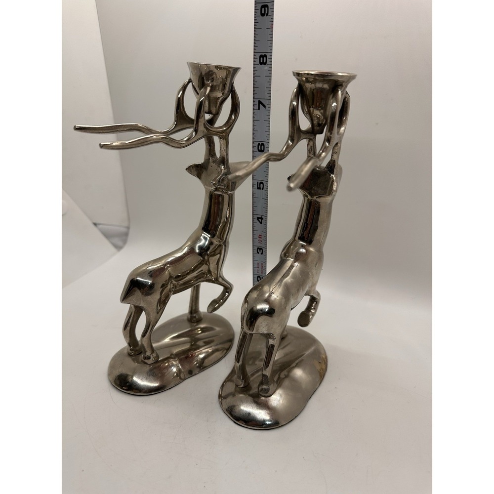 Vintage Silver Tone Reindeer Deer Candle Holders Pair Christmas Holiday Decor